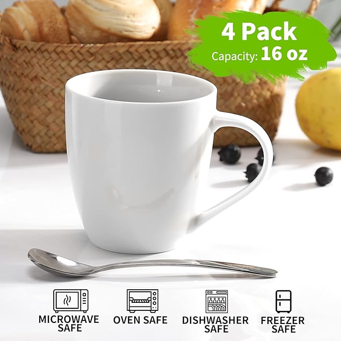 White Coffee Mugs Set of 4, 16 Ounce Mug with Handles, Ceramic Coffee Cups, Porcelain Mugs Sets, Large Coffee Mugs for Coffee, Tea, Hot Cocoa, Milk, Microwave and Dishwasher Safe