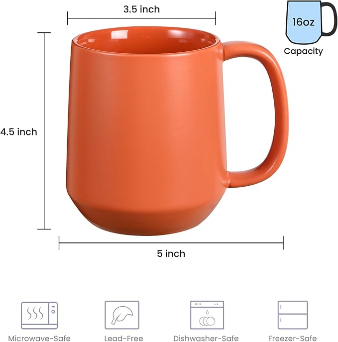 16 oz Large Ceramic Coffee Mug, Tea, Mulled Drinks Cup, Gift for Office Staff or Home Using, Microwave and Dishwasher Safe, Frosted Surface, Orange