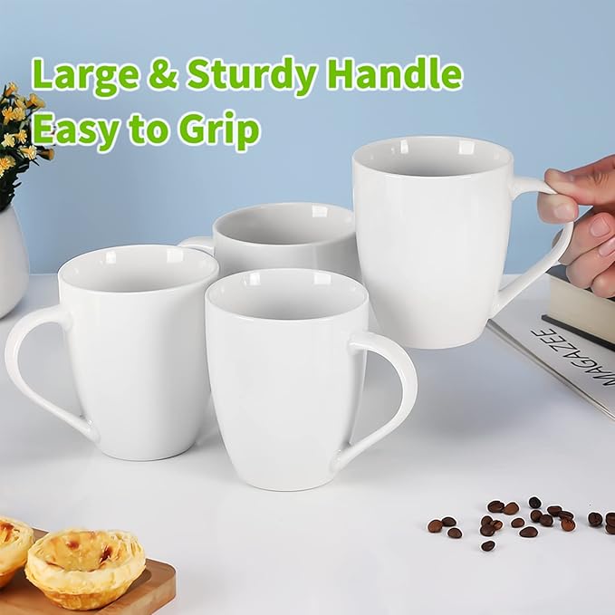 White Coffee Mugs Set of 4, 16 Ounce Mug with Handles, Ceramic Coffee Cups, Porcelain Mugs Sets, Large Coffee Mugs for Coffee, Tea, Hot Cocoa, Milk, Microwave and Dishwasher Safe