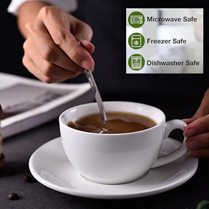 8oz White Cappuccino Mug- Large Ceramic Coffee Cup with Saucer - Microwave and Dishwasher Safe, Perfect For Tea, Espresso, Latte - Porcelain Set for Kitchen or Cafe, Baristas, Great Gift
