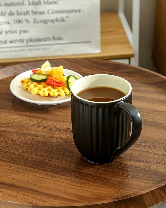 Ceramic Coffee Mug, 20 Oz Large Coffee Mug with Handle, Porcelain Latte Cup for Coffee, Tea and Cocoa, Modern Ribbed Design, Microwave & Dishwasher Safe, Black