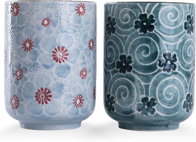 10oz Transitional style Handle-less Ceramic Tea cups teacup, Cherry Bloom and Geometric Pattern Set of 2
