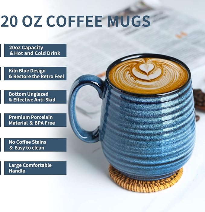 Coffee Mug, 20 oz Ceramic Coffee Cup for Men and Women, Large Coffee Mug for Latte Coffee Tea Soup for Office and Home, Dishwasher and Microwave Safe, 1 PCS (Blue)