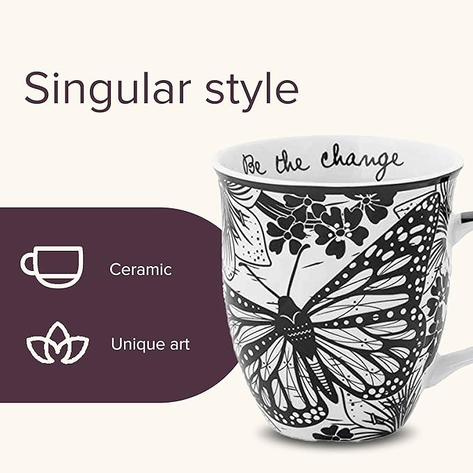 Gifts 16 oz Black and White Boho Mug Butterfly - Cute Coffee and Tea Mug - Ceramic Coffee Mugs for Women and Men