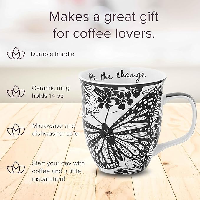 Gifts 16 oz Black and White Boho Mug Butterfly - Cute Coffee and Tea Mug - Ceramic Coffee Mugs for Women and Men