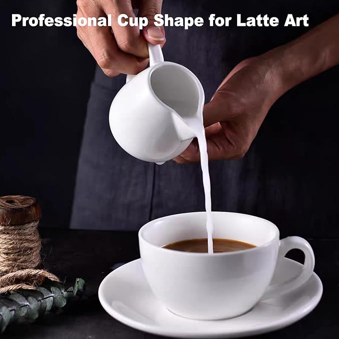 8oz White Cappuccino Mug- Large Ceramic Coffee Cup with Saucer - Microwave and Dishwasher Safe, Perfect For Tea, Espresso, Latte - Porcelain Set for Kitchen or Cafe, Baristas, Great Gift