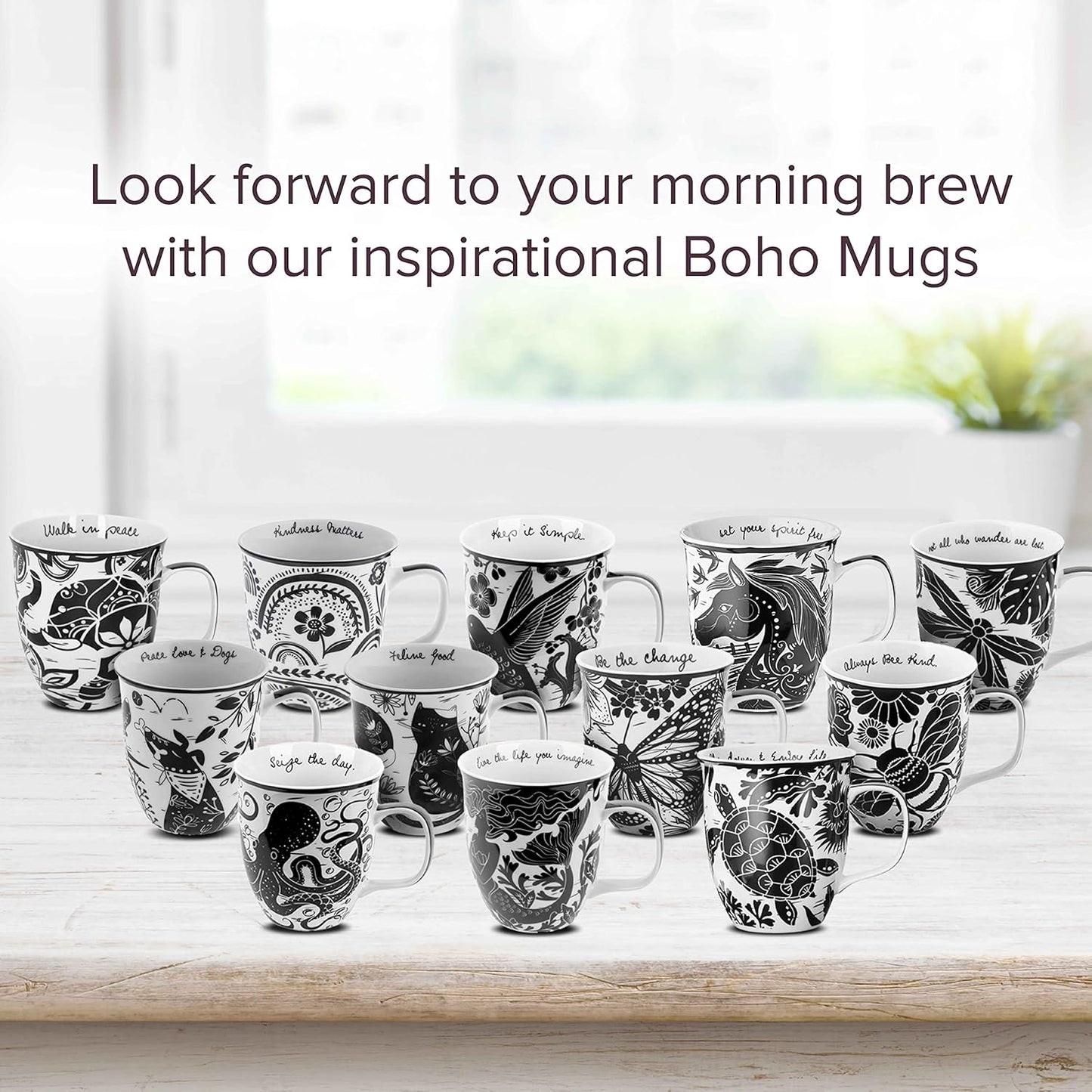 Gifts 16 oz Black and White Boho Mug Butterfly - Cute Coffee and Tea Mug - Ceramic Coffee Mugs for Women and Men