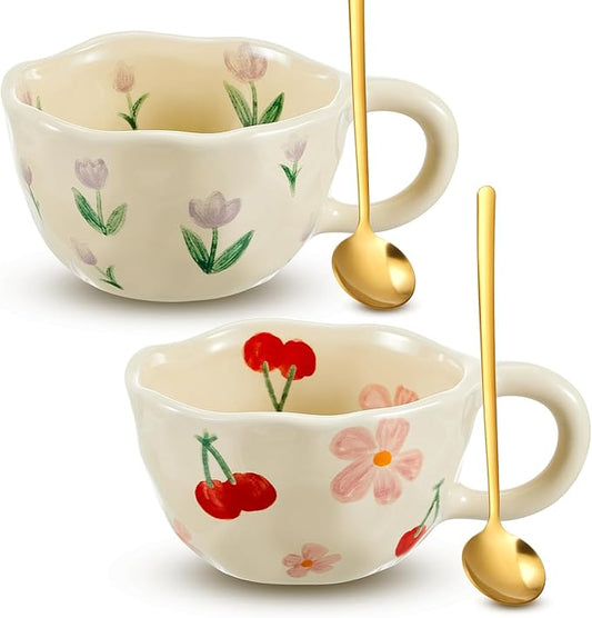 2 Pcs Ceramic Coffee Mugs Flower Cups with Spoon Vintage Floral Mugs with Handle 8.5 oz Aesthetic Tea Porcelain Cup Gift for Valentine Office Home, Dishwasher and Microwave Safe(Cute)