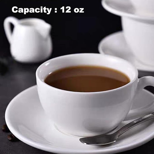 8oz White Cappuccino Mug- Large Ceramic Coffee Cup with Saucer - Microwave and Dishwasher Safe, Perfect For Tea, Espresso, Latte - Porcelain Set for Kitchen or Cafe, Baristas, Great Gift