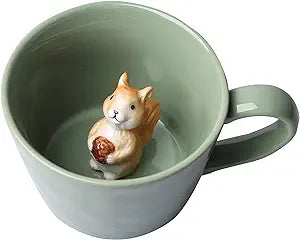 Squirrel Ceramic Cup Hidden 3D Animal Inside Mug,Cute Cartoon Handmade Figurine Mugs,Holiday and Birthday Gift for Coffee Milk Tea Lovers,12 OZ(Light Green)