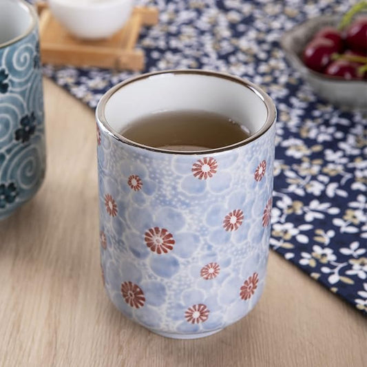 10oz Transitional  style Handle-less Ceramic Tea cups teacup, Cherry Bloom and Geometric Pattern Set of 2