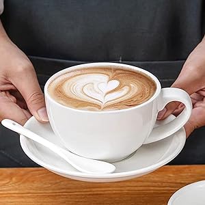 8oz White Cappuccino Mug- Large Ceramic Coffee Cup with Saucer - Microwave and Dishwasher Safe, Perfect For Tea, Espresso, Latte - Porcelain Set for Kitchen or Cafe, Baristas, Great Gift