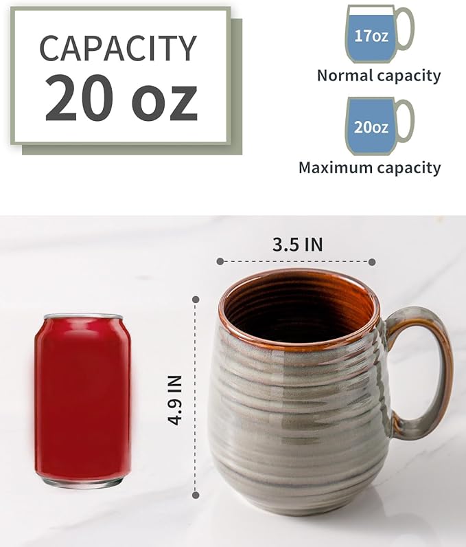 Coffee Mug, 20 oz Large Ceramic Latte Cup with Big Handle, Pottery Tea Cup for for Office and Home, Oversized Mug Gift for Dad and Mom, Dishwasher & Microwave Safe, 1 PCS(Grey)