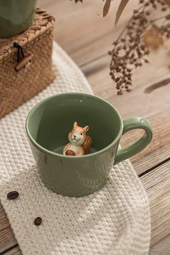 Squirrel Ceramic Cup Hidden 3D Animal Inside Mug,Cute Cartoon Handmade Figurine Mugs,Holiday and Birthday Gift for Coffee Milk Tea Lovers,12 OZ(Light Green)