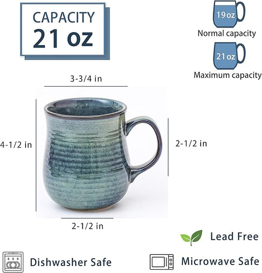 21 oz Large Ceramic Coffee Mugs, Pottery Mug Handmade, Ceramic Tea Cups with Handle for Office and Home, Dishwasher and Microwave Safe (Green)