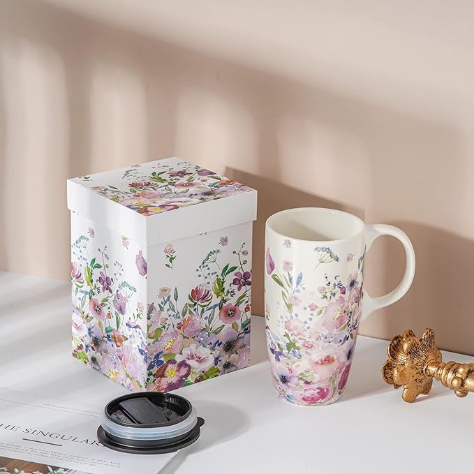Coffee Ceramic Mug-Porcelain Cup,Latte Tea Mug With Lid-17oz,Novelty Coffee Mugs for Men Women Office & Home