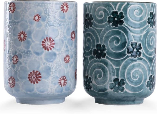 10oz Transitional  style Handle-less Ceramic Tea cups teacup, Cherry Bloom and Geometric Pattern Set of 2
