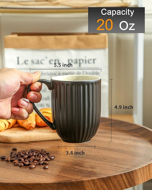 Ceramic Coffee Mug, 20 Oz Large Coffee Mug with Handle, Porcelain Latte Cup for Coffee, Tea and Cocoa, Modern Ribbed Design, Microwave & Dishwasher Safe, Black