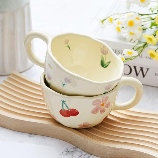2 Pcs Ceramic Coffee Mugs Flower Cups with Spoon Vintage Floral Mugs with Handle 8.5 oz Aesthetic Tea Porcelain Cup Gift for Valentine Office Home, Dishwasher and Microwave Safe(Cute)
