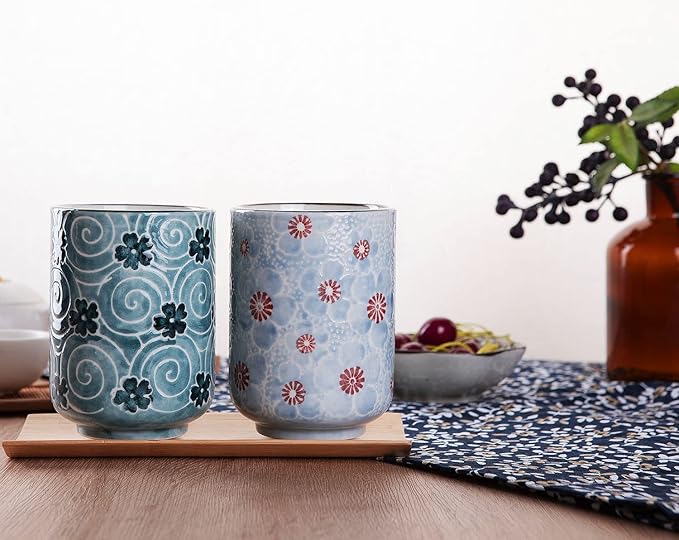 10oz Transitional  style Handle-less Ceramic Tea cups teacup, Cherry Bloom and Geometric Pattern Set of 2