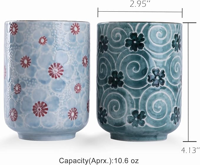 10oz Transitional  style Handle-less Ceramic Tea cups teacup, Cherry Bloom and Geometric Pattern Set of 2