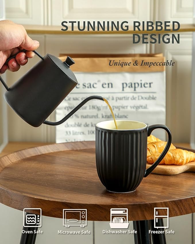 Ceramic Coffee Mug, 20 Oz Large Coffee Mug with Handle, Porcelain Latte Cup for Coffee, Tea and Cocoa, Modern Ribbed Design, Microwave & Dishwasher Safe, Black