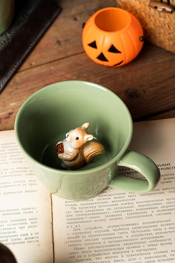 Squirrel Ceramic Cup Hidden 3D Animal Inside Mug,Cute Cartoon Handmade Figurine Mugs,Holiday and Birthday Gift for Coffee Milk Tea Lovers,12 OZ(Light Green)