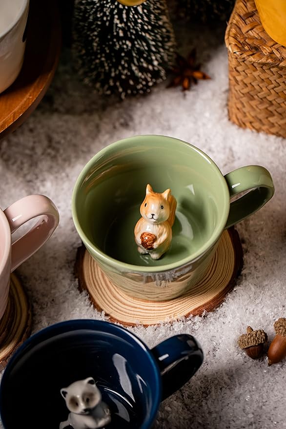 Squirrel Ceramic Cup Hidden 3D Animal Inside Mug,Cute Cartoon Handmade Figurine Mugs,Holiday and Birthday Gift for Coffee Milk Tea Lovers,12 OZ(Light Green)