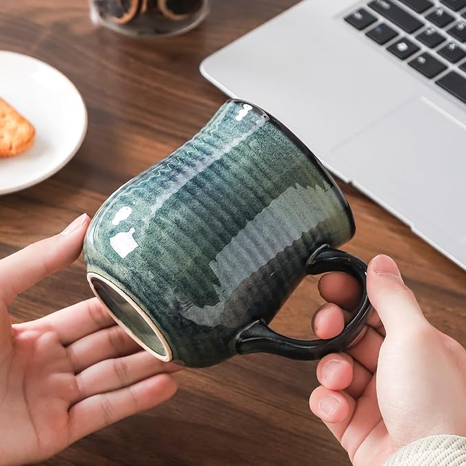 21 oz Large Ceramic Coffee Mugs, Pottery Mug Handmade, Ceramic Tea Cups with Handle for Office and Home, Dishwasher and Microwave Safe (Green)