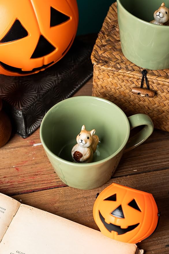 Squirrel Ceramic Cup Hidden 3D Animal Inside Mug,Cute Cartoon Handmade Figurine Mugs,Holiday and Birthday Gift for Coffee Milk Tea Lovers,12 OZ(Light Green)